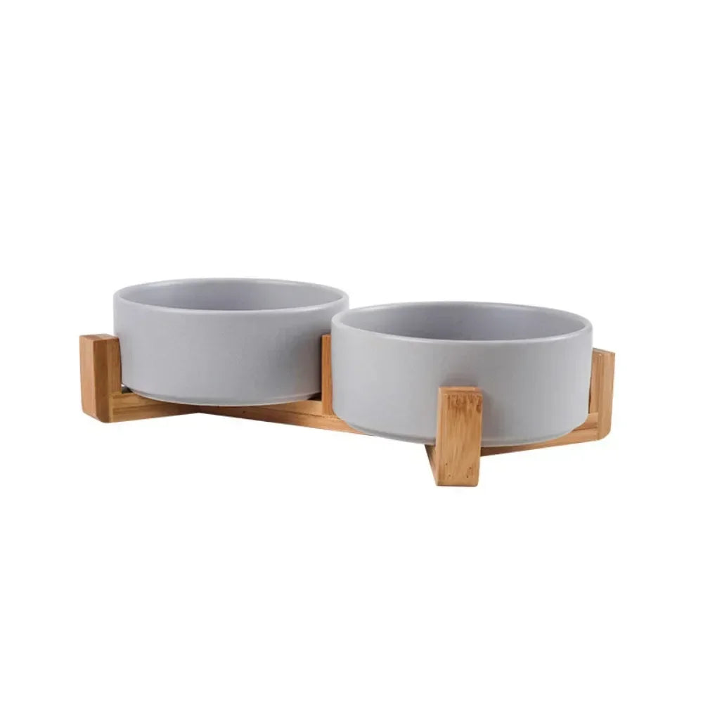 Cuenco Elevado de Cerámica con Base de Madera – Diseño Premium para Perros y Gatos