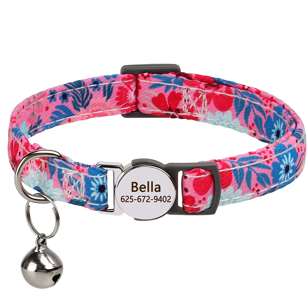 Collar Floral Personalizado para Gatitos o Perritos Pequeños – Con Campana y Placa Grabada