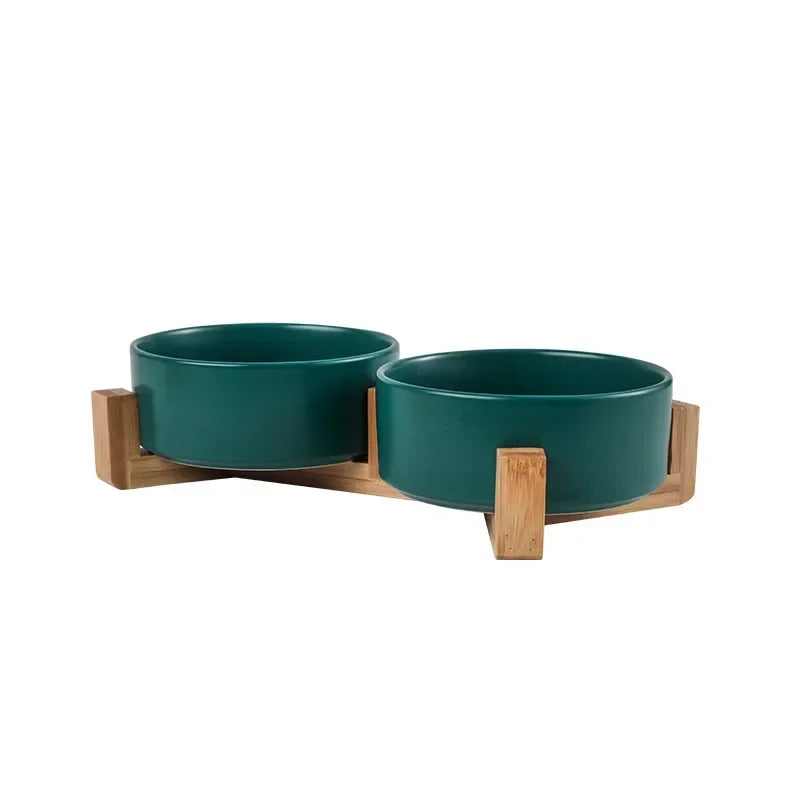 Cuenco Elevado de Cerámica con Base de Madera – Diseño Premium para Perros y Gatos