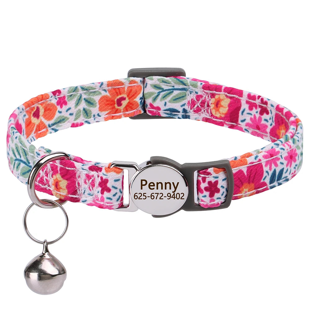 Collar Floral Personalizado para Gatitos o Perritos Pequeños – Con Campana y Placa Grabada