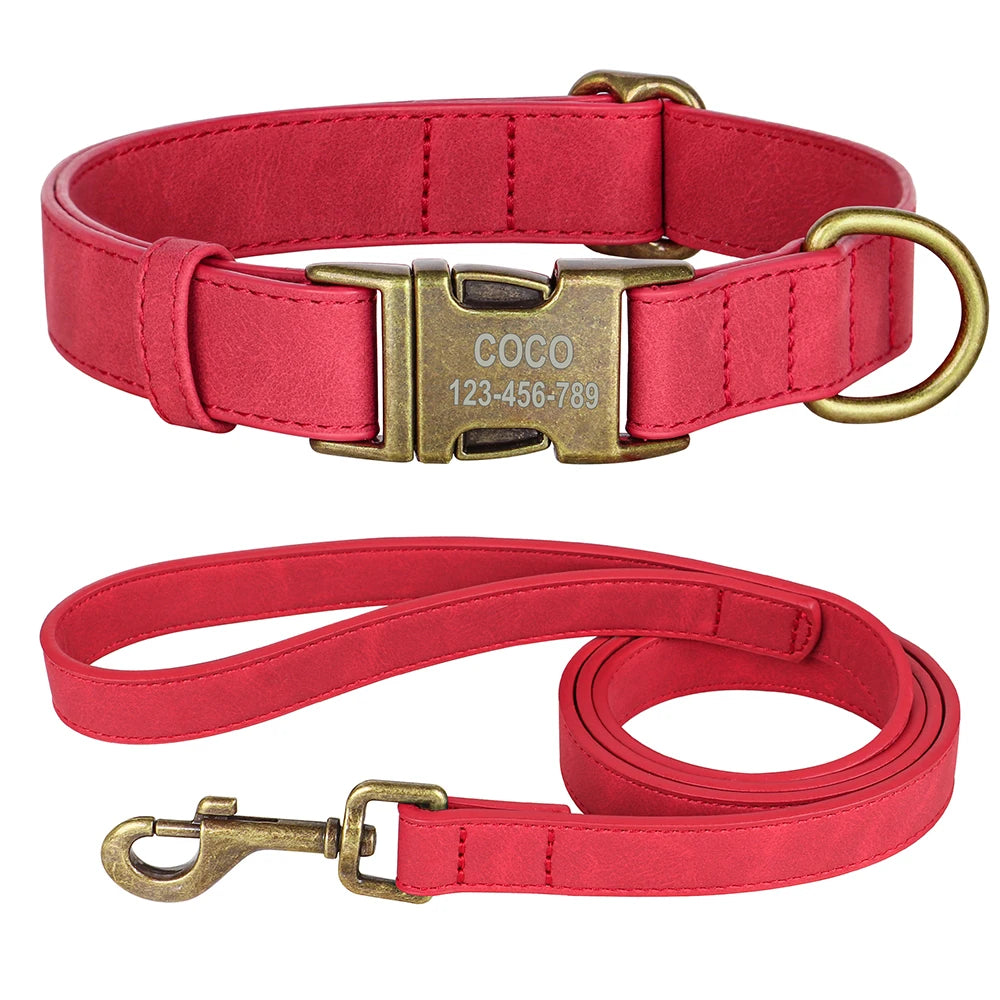 Set Personalizado Cuero PU – Collar + Correa con Grabado para Perros con Estilo