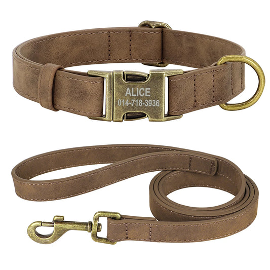 Set Personalizado Cuero PU – Collar + Correa con Grabado para Perros con Estilo