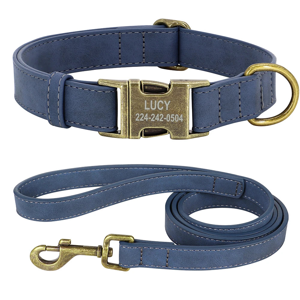 Set Personalizado Cuero PU – Collar + Correa con Grabado para Perros con Estilo