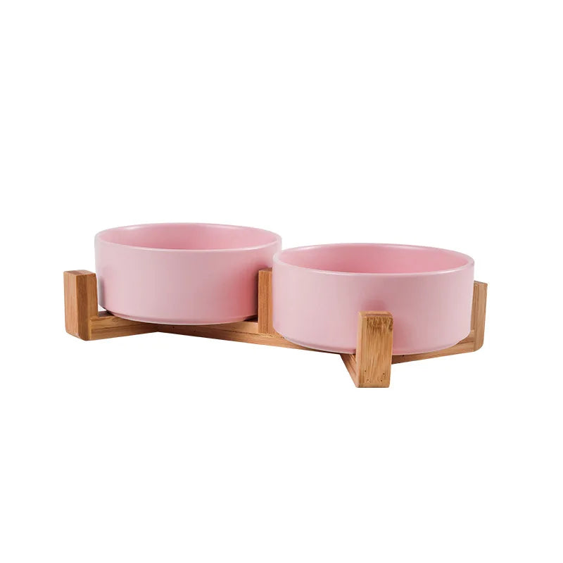 Cuenco Elevado de Cerámica con Base de Madera – Diseño Premium para Perros y Gatos