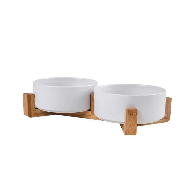 Cuenco Elevado de Cerámica con Base de Madera – Diseño Premium para Perros y Gatos