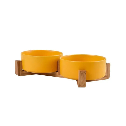 Cuenco Elevado de Cerámica con Base de Madera – Diseño Premium para Perros y Gatos