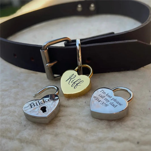 Placa Corazón con Doble Grabado – Estilo Candado Personalizado para Mascotas
