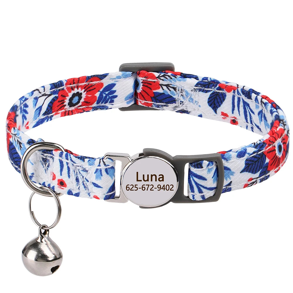 Collar Floral Personalizado para Gatitos o Perritos Pequeños – Con Campana y Placa Grabada