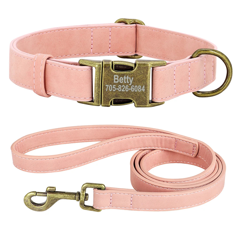 Set Personalizado Cuero PU – Collar + Correa con Grabado para Perros con Estilo