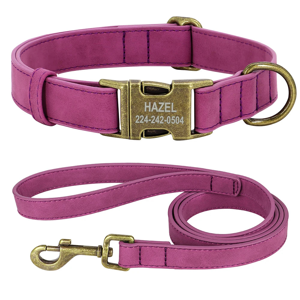 Set Personalizado Cuero PU – Collar + Correa con Grabado para Perros con Estilo