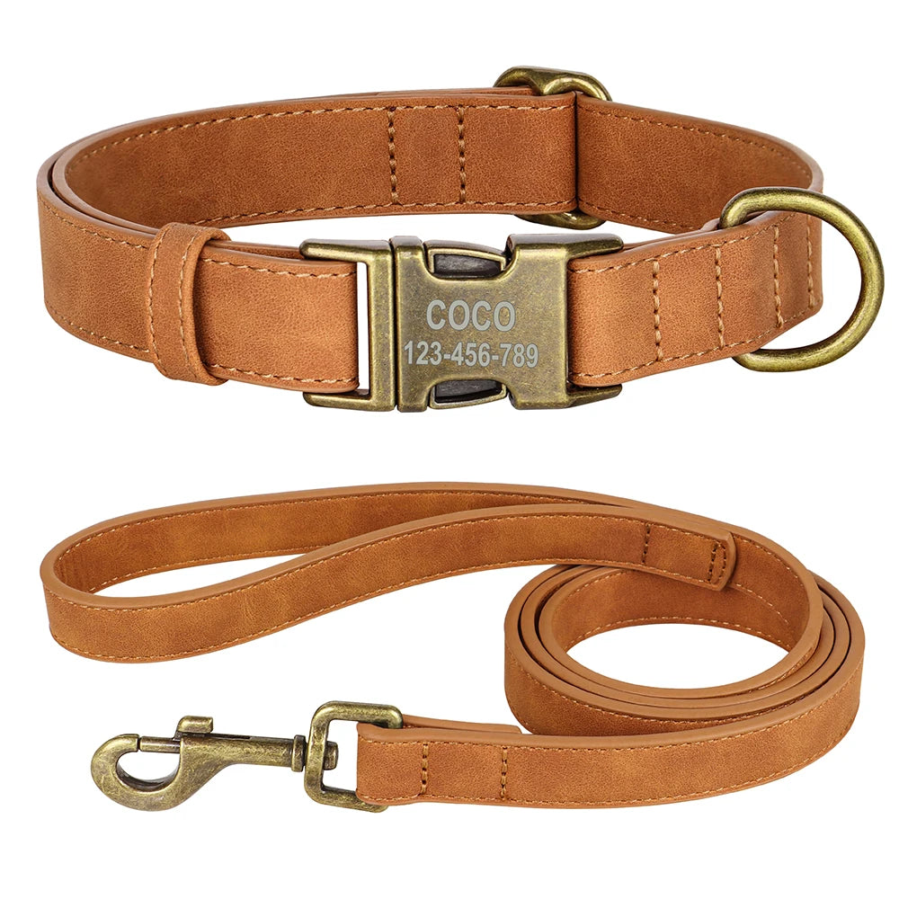 Set Personalizado Cuero PU – Collar + Correa con Grabado para Perros con Estilo