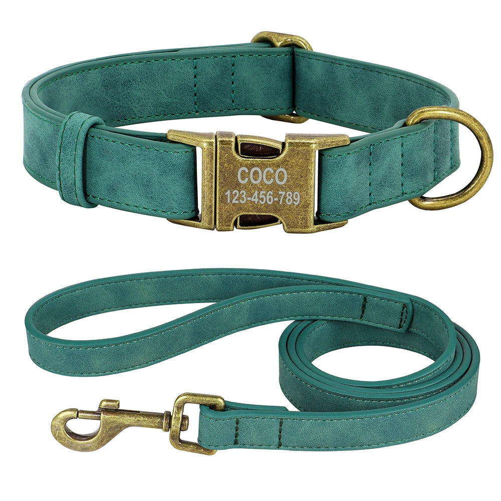 Set Personalizado Cuero PU – Collar + Correa con Grabado para Perros con Estilo