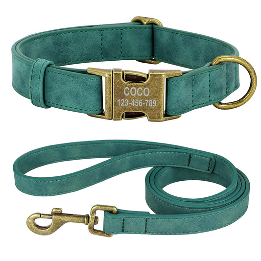Set Personalizado Cuero PU – Collar + Correa con Grabado para Perros con Estilo