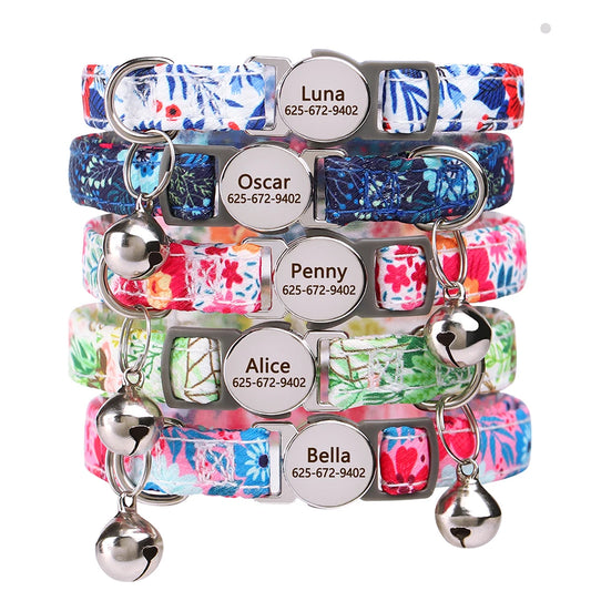 Collar Floral Personalizado para Gatitos o Perritos Pequeños – Con Campana y Placa Grabada