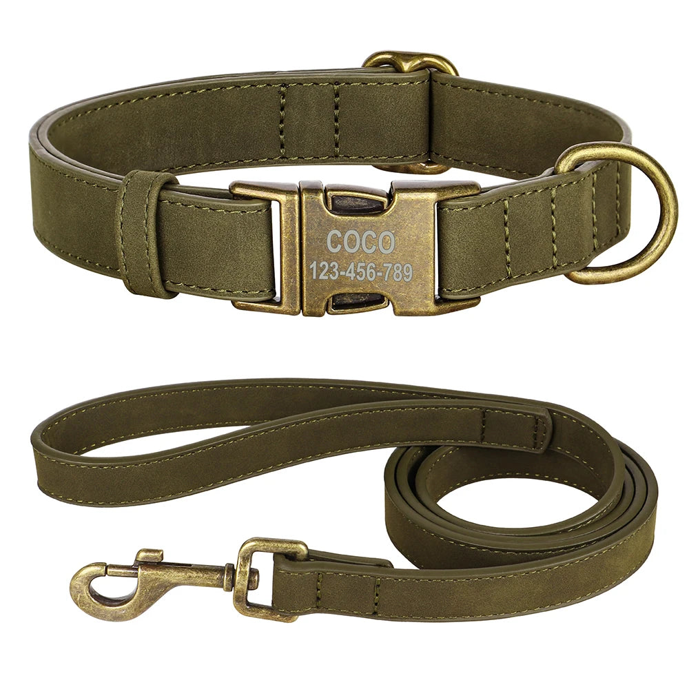 Set Personalizado Cuero PU – Collar + Correa con Grabado para Perros con Estilo